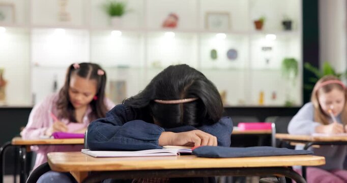 Girl, student and stress in classroom for test, learning or upset with tricky question on paper. Teenager, frustrated or quiz in high school for education, academic assessment or overwhelmed for exam