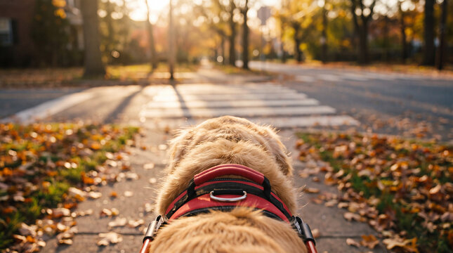 A golden retriever guide dog walks autumn leaves toward a crosswalk, bringing warmth and companionship to World Braille Day awareness flyers.