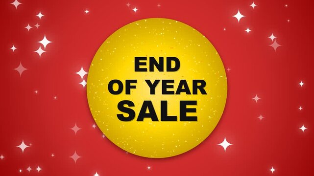 A 10-second seamless motion graphics loop featuring a large gold glitter circular badge with extra-large, prominent bold black 'END OF YEAR SALE' typography on a vibrant red background filled with twi