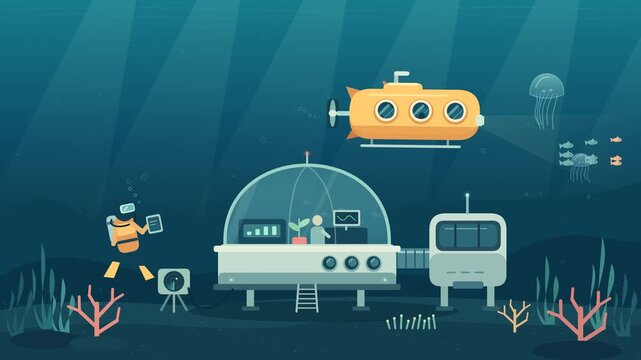 Ocean Observatory and Submarine Underwater Deep Sea Research Vector Illustration