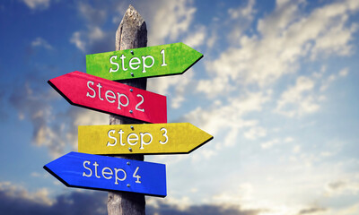 Step 1, 2, 3, 4 - wooden signpost with four arrows, sky with clouds © PX Media