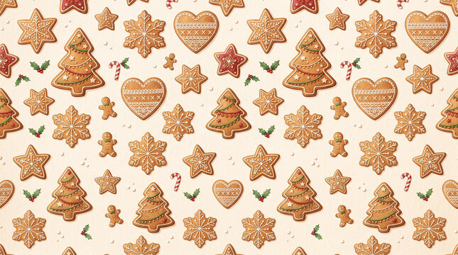 Seamless Christmas gingerbread pattern featuring decorated gingerbread cookies shaped like stars, Christmas trees 