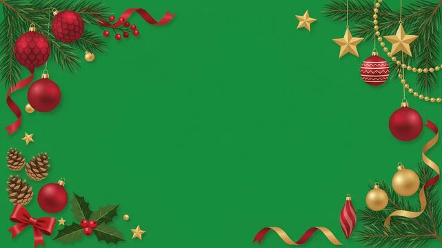 Festive Christmas holiday background animation featuring decorative red and gold baubles, pine branches, stars, and pinecones surrounding a blank green copy space.