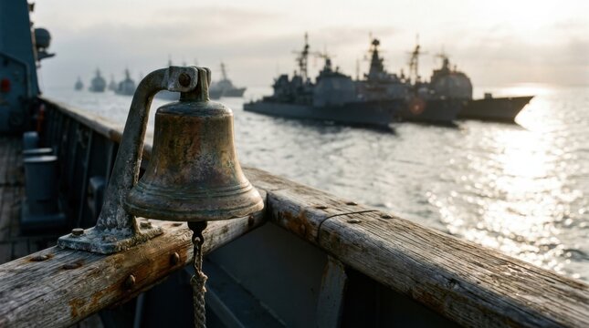 Heavy bronze ship bell on weathered teak rail overlooking line of steel naval warships on silvery ocean waters at sunrise.
