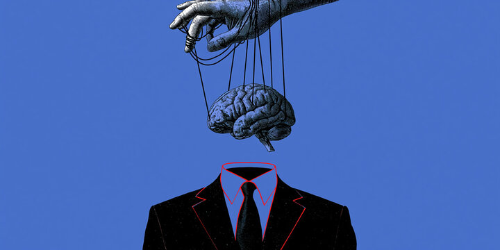 Puppet master controlling a brain above a suit. The hand, manipulating strings attached to the brain, symbolizes control and influence over thought processes, set against a stark blue background