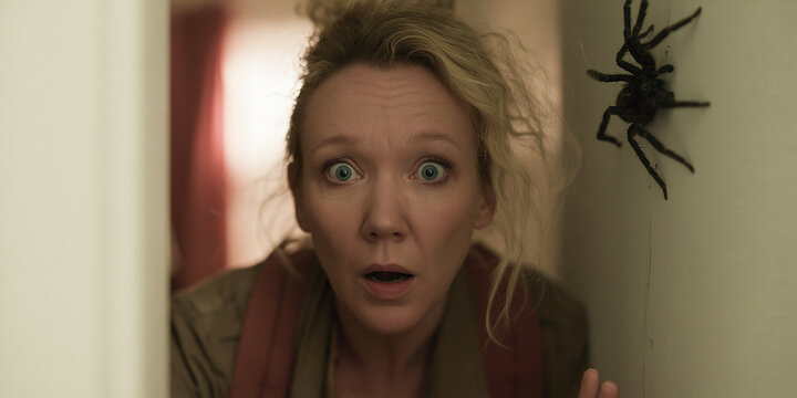 A startled woman with wide eyes and an open mouth looks at a spider on the wall. The woman has blonde hair tied up in a bun and is wearing a light brown jacket