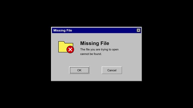 vintage computer file access error and missing file popup animation