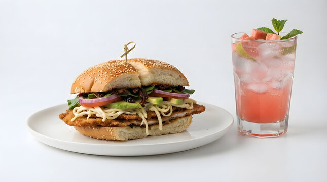 Latin American dish set of cheesy avocado cemita poblana (hamburger sandwiches from Puebla, Mexico) and iced guava soda on white surface. Fast food or street food,Latin American dish, hamburger assets