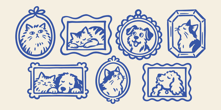Cat and Dog Portraits in Decorative Frames Hand Drawn Doodle Set
