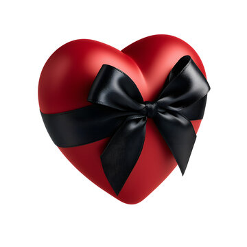 Red heart with black ribbon bow PNG transparent background