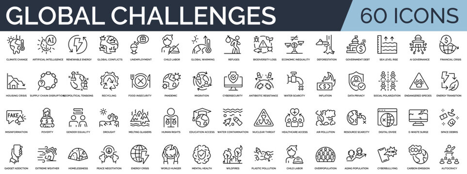 Set of 60 outline icons related to global challenges. Linear icon collection. Editable stroke. Vector illustration