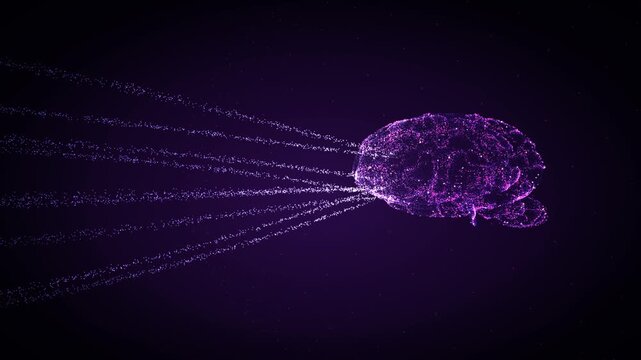 Purple digital brain made of glowing particles and incoming data streams on dark background, symbolizing artificial intelligence, neural networks, machine learning, data flow and cognitive computing.