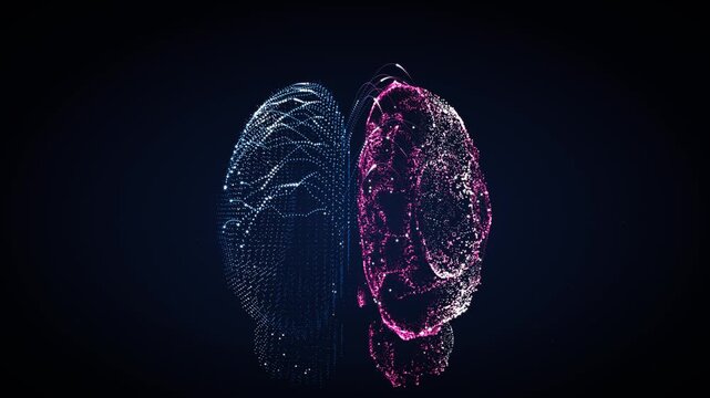 Split digital brain formed by blue and magenta particles on dark background, representing artificial intelligence, neural networks, machine learning, cognition, data processing and future technology.