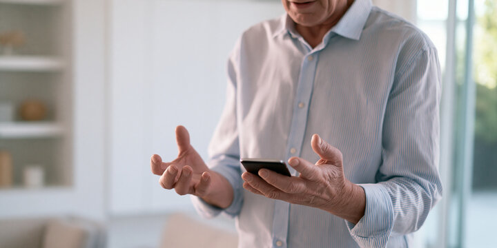 An elderly man looking confused while holding a smartphone. He has his hands outstretched, gesturing as if unsure.