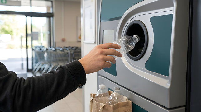 Hand returning a plastic bottle to a deposit return machine