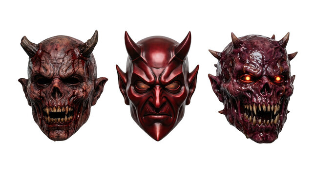 Three demonic devil masks with horns and glowing eyes isolated on transparent background