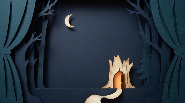Papercraft fairy tale forest diorama with crescent moon, magical theater stage with tree stump house, dark blue paper cut woodland background