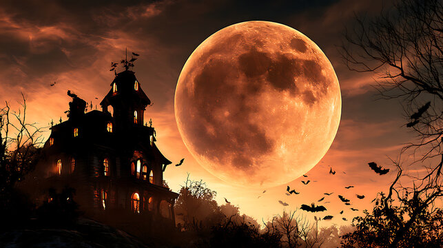 Spooky Halloween landscape featuring a haunted Victorian mansion, enormous glowing orange full moon, flying bats, twisted bare trees and dramatic sunset sky. Mysterious gothic horror fantasy backgroun
