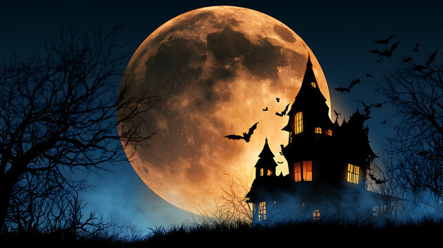 Spooky Halloween background featuring a haunted gothic mansion silhouetted against a giant glowing orange full moon, flying bats, twisted bare trees and eerie blue fog at night.