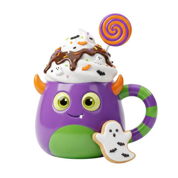 Cute monster shaped halloween mug with whipped cream, chocolate sauce, sprinkles, lollipop, and a ghost cookie isolated on transparent background