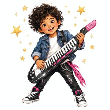 Curly Haired Boy Playing Toy Keytar With Big Grin Rock Star