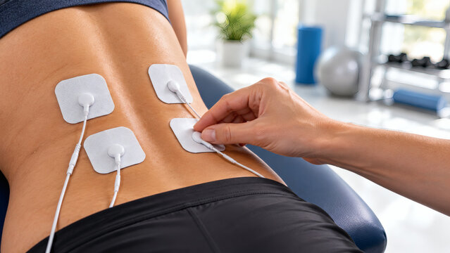 Physiotherapist placing electrical stimulation tens electrode pads on woman lower back for spine pain relief and physical rehabilitation in modern clinic