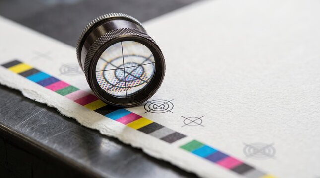 Graphic loupe magnifying CMYK color calibration test print on paper