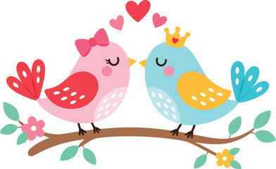 Obraz premium Cute Lovebirds Wearing a Pink Bow and Golden Crown on a Tree Branch – Flat Vector Illustration