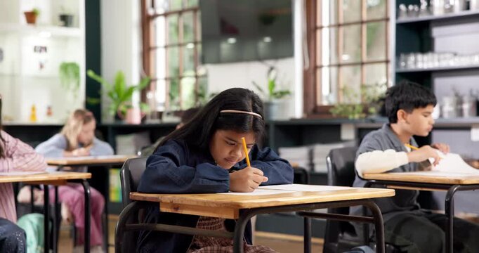 Cheating, test or girl in class with writing, student dishonesty or discipline issue in school rules. Education, unfair or child with exam, academic copy or peeking secret in behavior challenge.