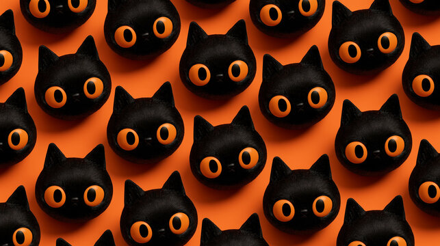 top down view 3d cartoon Halloween black cat figures pattern isolated on a orange background