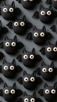 top down view 3d cartoon Halloween black bat figures pattern isolated on a grey background