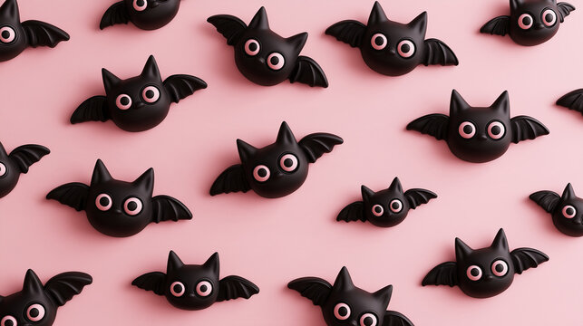 top down view 3d cartoon Halloween black bat figures isolated on a pink background