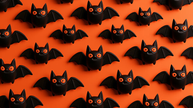 top down view 3d cartoon Halloween black bat figures pattern isolated on a orange background