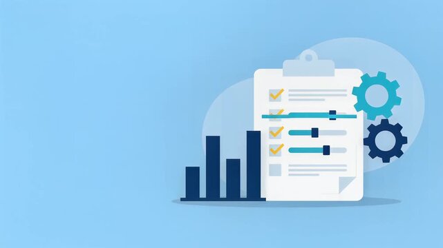 Data Analytics Checklist with Gear Cogs and Bar Chart Motion Graphic