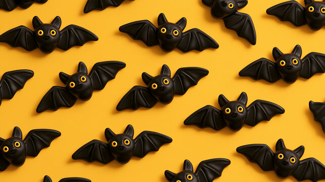 top down view 3d cartoon Halloween black bat figures pattern isolated on a yellow background