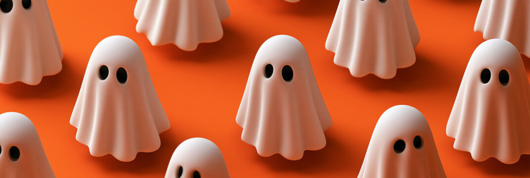 top down view 3d cartoon Halloween ghost figures pattern isolated on a orange background