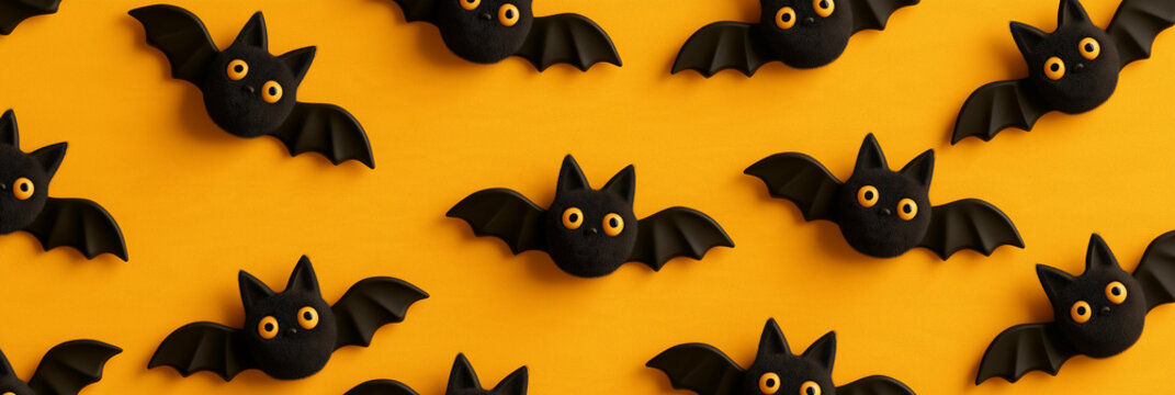 top down view 3d cartoon Halloween black bat figures pattern isolated on a yellow background