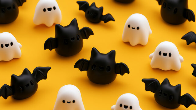 top down view 3d cartoon Halloween ghost and bat figures isolated on a yellow background