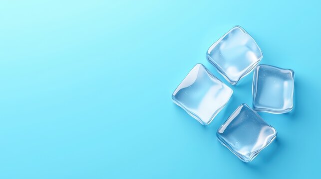 Four transparent ice cubes on a smooth, light blue surface with reflections and highlights.