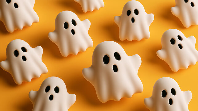 top down view 3d cartoon Halloween ghost figures pattern isolated on a yellow background