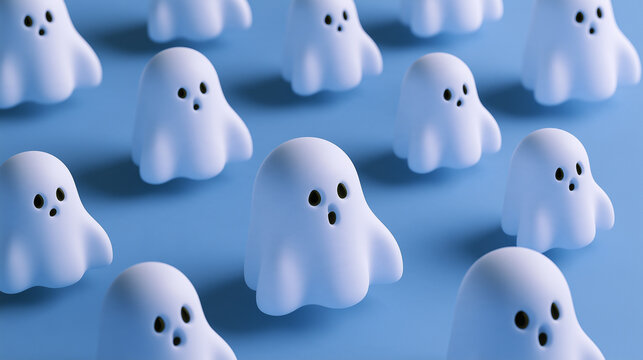 top down view 3d cartoon Halloween ghost figures pattern isolated on a blue background