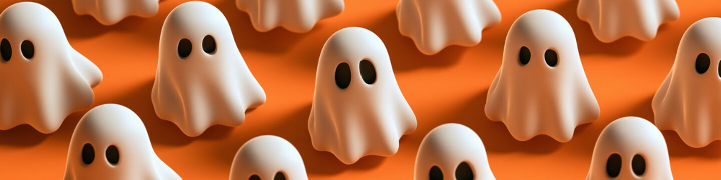top down view 3d cartoon Halloween ghost figures pattern isolated on a orange background