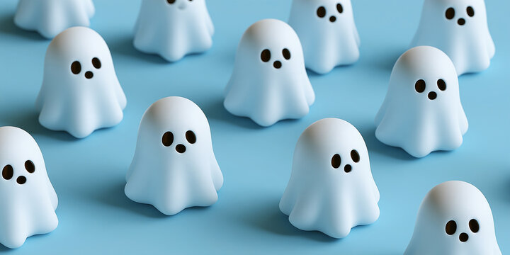 top down view 3d cartoon Halloween ghost figures pattern isolated on a blue background