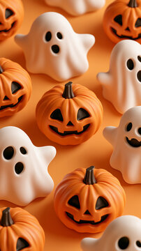 top down view 3d cartoon Halloween ghost and pumpkin figures isolated on a orange background