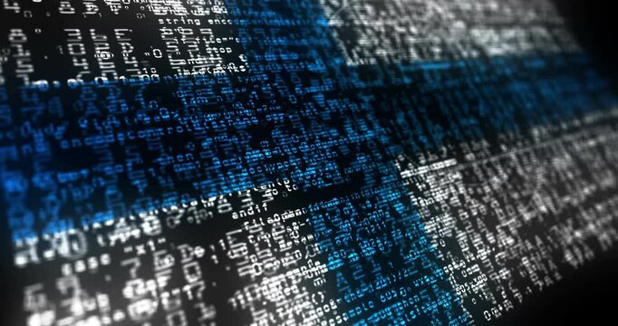 Finland flag waving secure code. Finnish blowing banner cyber security attack and hack concept animation.