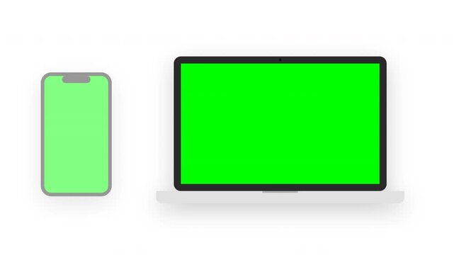 Modern laptop and smartphone mockup with green screen on transparent background
