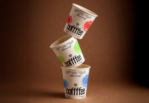 Coffee Cup Mockup PSD With Three Stacked Disposable Cups On Brown Backdrop