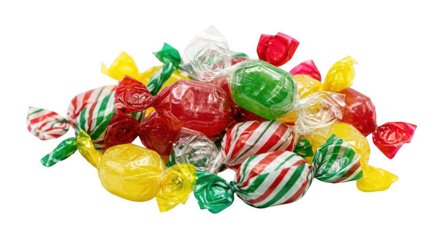 A pile of colorful hard candies in transparent wrappers isolated on transparent background
