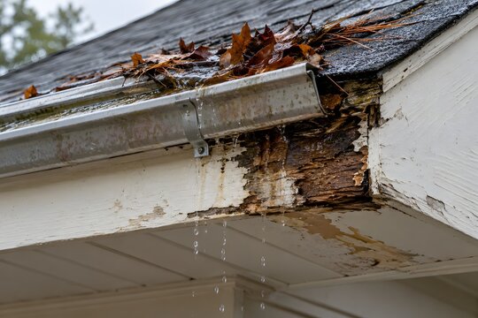 Clogged roof gutter above severely decayed wooden fascia and soffit