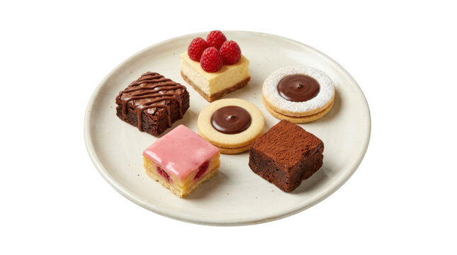 Assorted gourmet dessert pastries on a plate isolated on transparent background